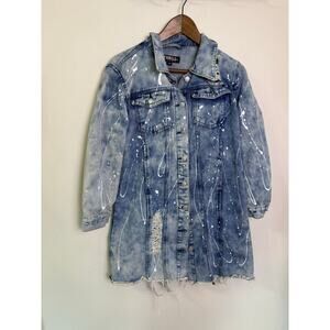 Thrill Jeans Distressed Longline Denim Jacket Paint Splatter Grunge Size M